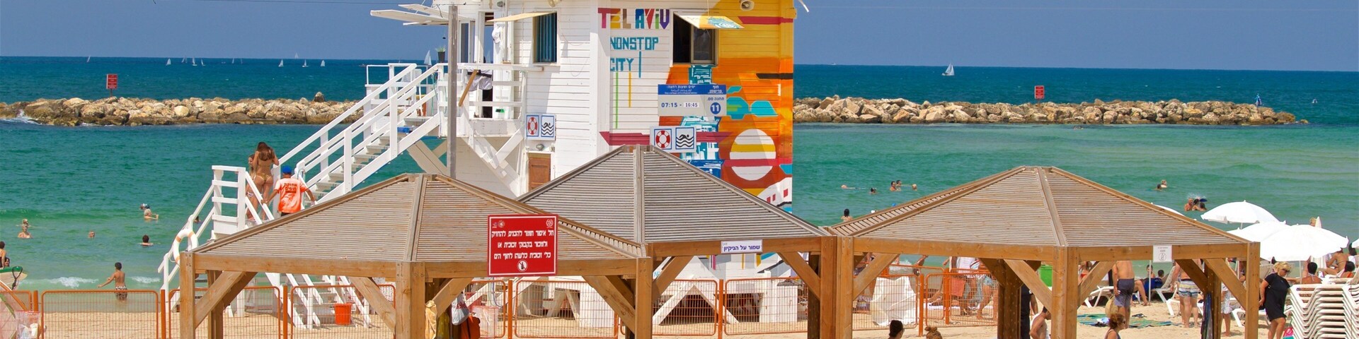 Frishman Beach which includes a beach and general coastal views as well as a small group of people