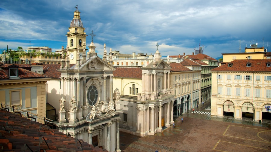 Piazza San Carlo which includes a city, a church or cathedral and street scenes