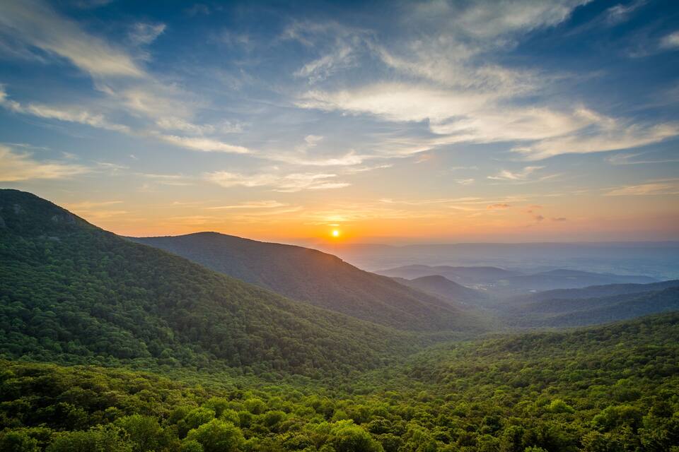 Sunset over the Shenandoah Valley and Blue Ridge Mountains from
