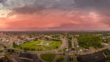 Aerial view of reconstructed earth wood star Stanwix fort Rome New York with dramatic sunset panorama sky