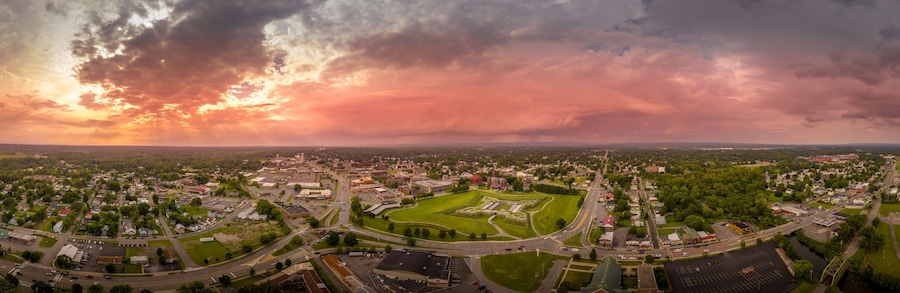 Aerial view of reconstructed earth wood star Stanwix fort  Rome New York with dramatic sunset panorama sky