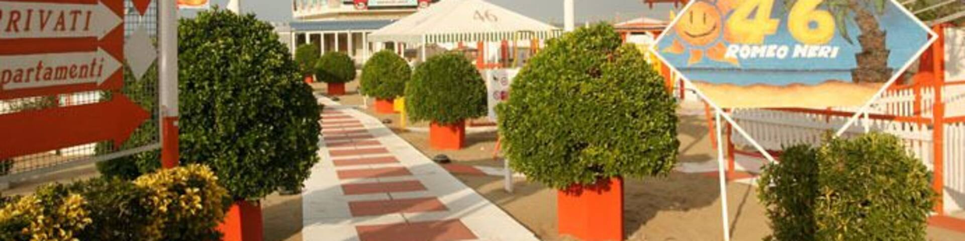 Number 46 Rimini beach in Northern Italy Beach furniture package holiday kids playground childrens playgroung boardwalk