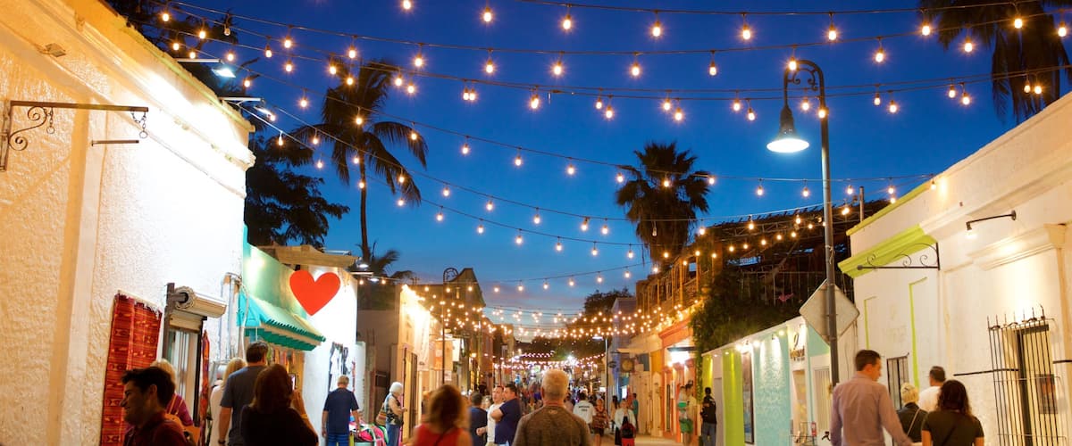 San Jose del Cabo Art District showing street scenes and night scenes as well as a small group of people