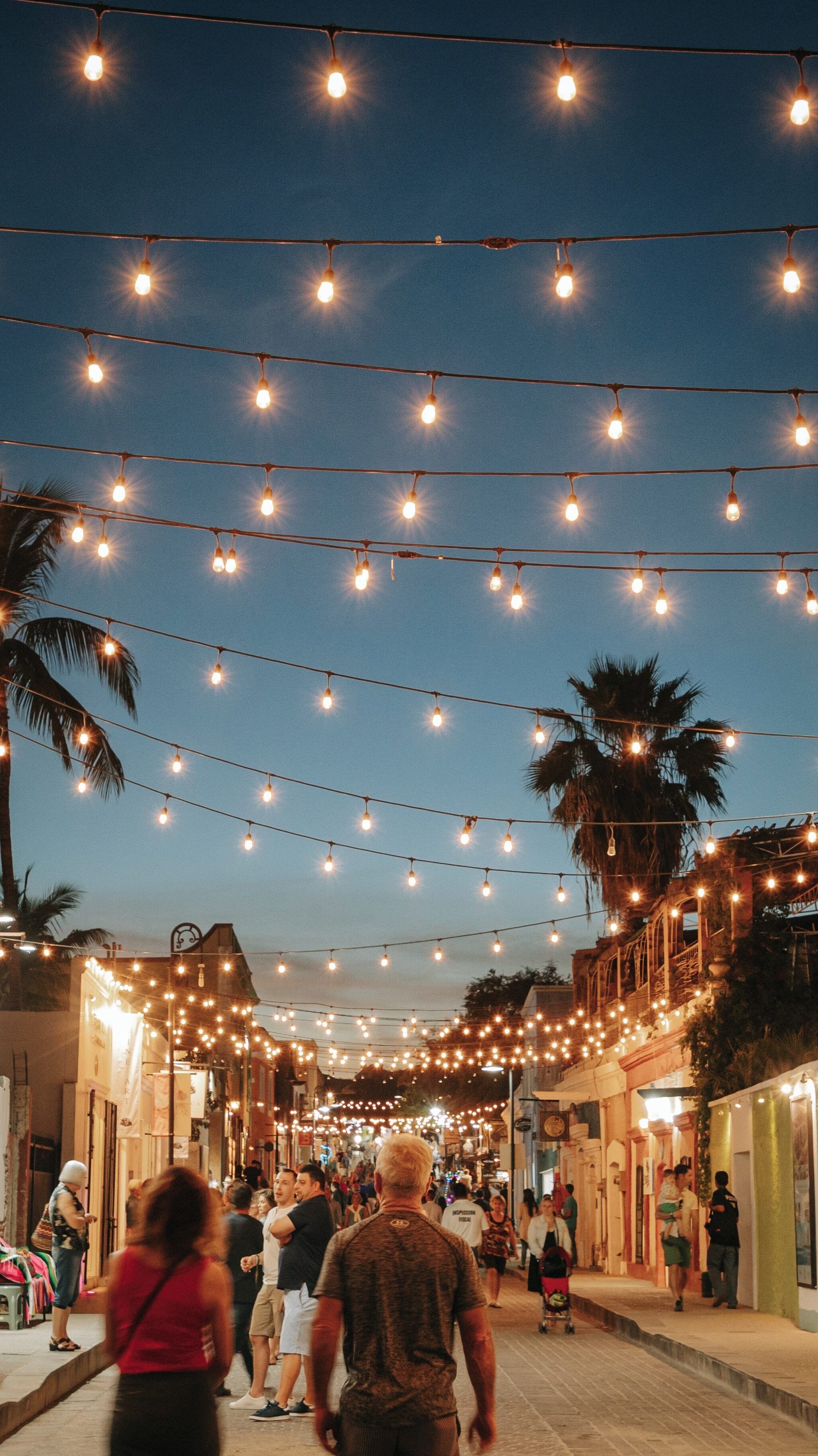 Brightly lit evening in San Jose del Cabo art district showcases vibrant culture and lively atmosphere in Baja California Sur, Mexico