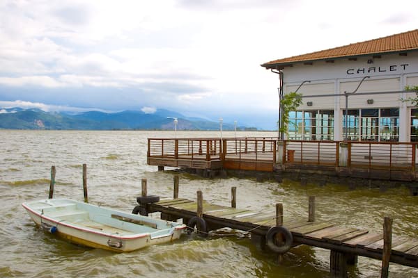 Lac Massaciuccoli qui includes ville côtière, pont et lac ou étang