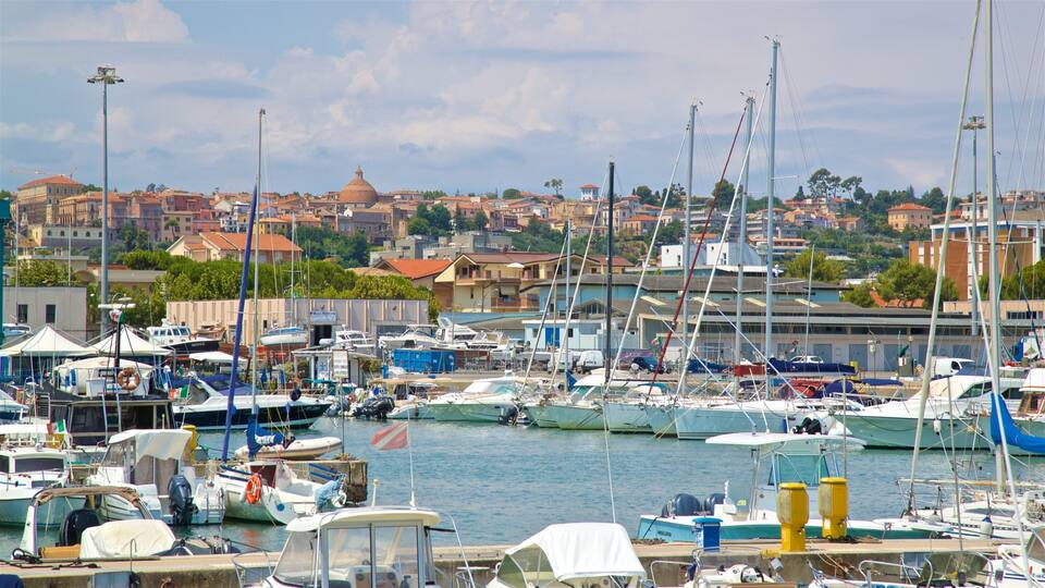 A marina with various boats docked, a cityscape in the background, and a prominent dome-shaped building.