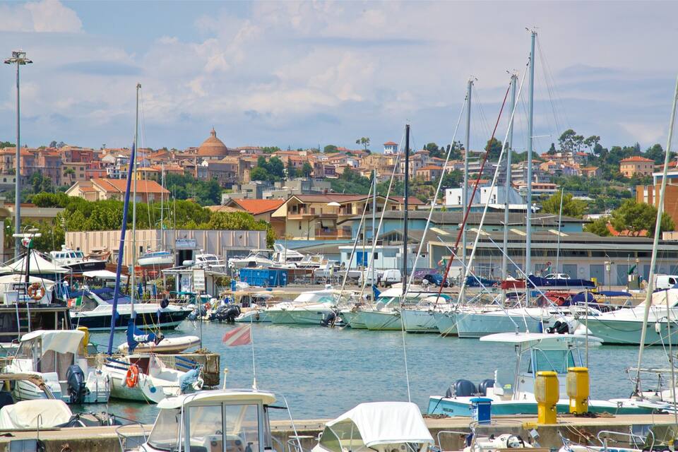 A marina with various boats docked, a cityscape in the background, and a prominent dome-shaped building.