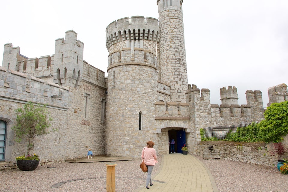 Un castillo de piedra con una torre alta, una puerta de madera y un camino pavimentado.