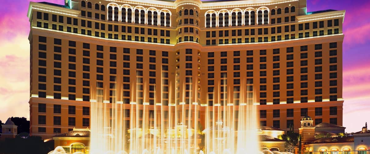 Bellagio Casino showing a city, a pond and a fountain
