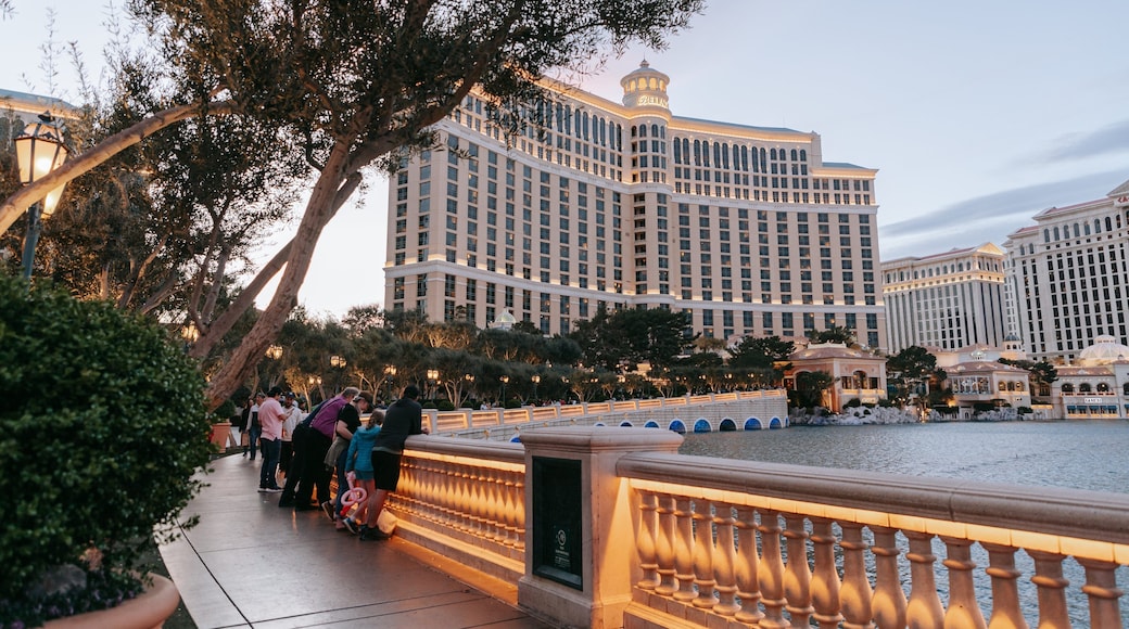 Bellagio Casino featuring a pond, a hotel and street scenes