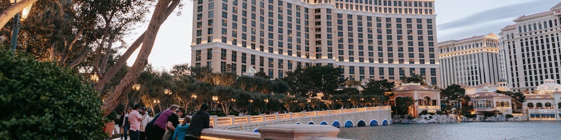 Bellagio Casino featuring a pond, a hotel and street scenes