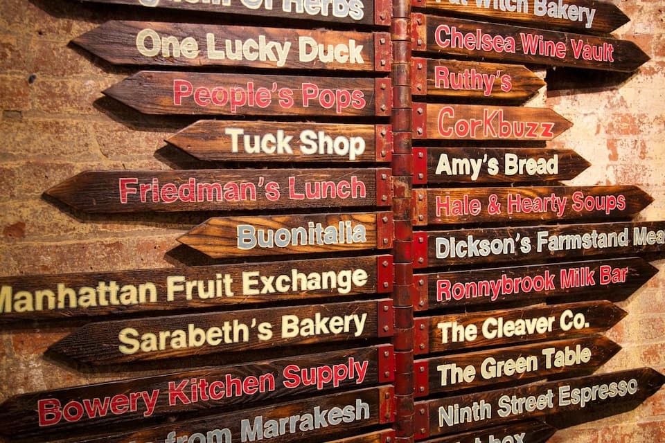 A wall of wooden signs pointing to various local businesses.