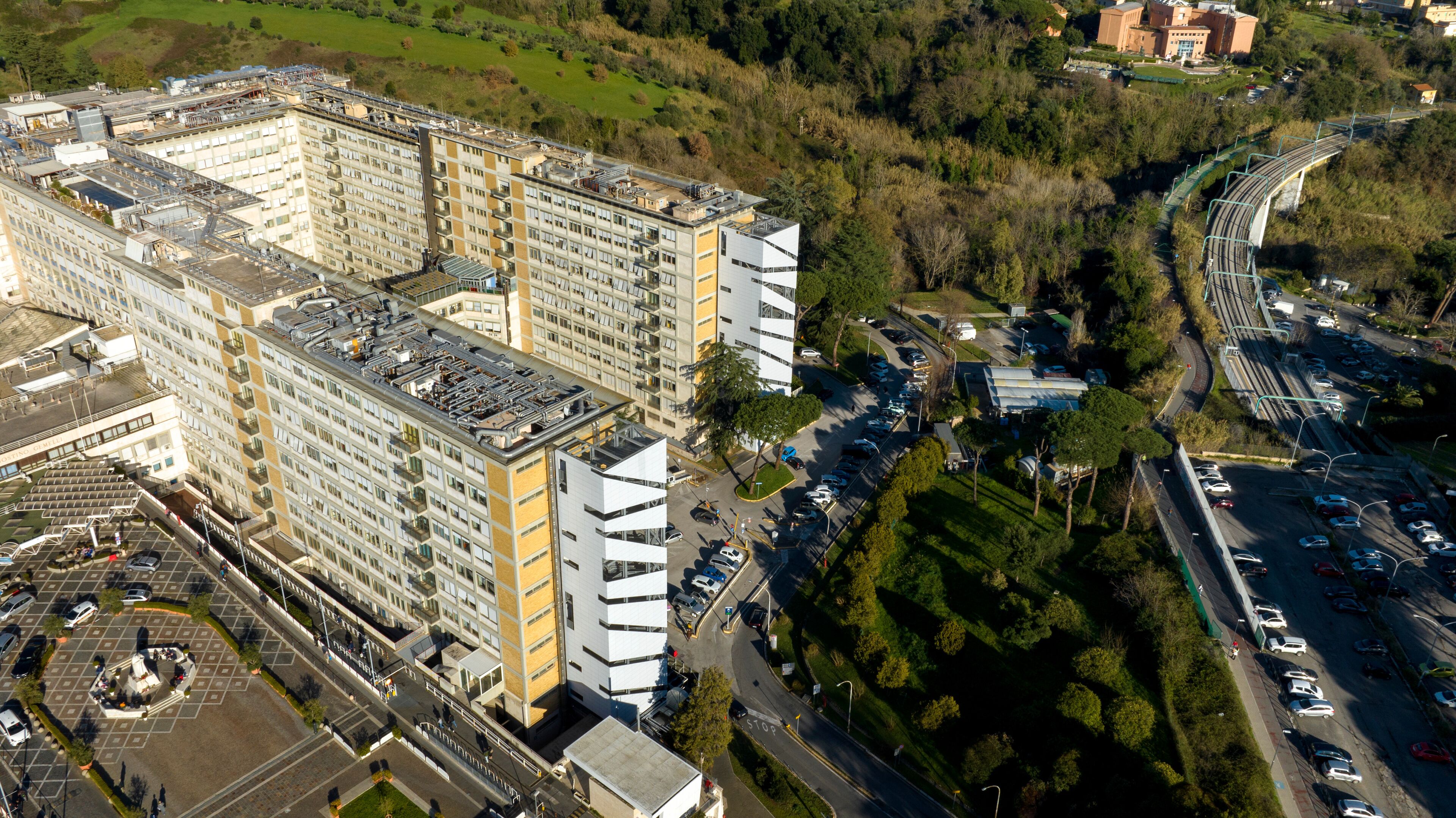 Aerial view of the Gemelli University Hospital located in Rome, Italy. It is a large general hospital and serves as the teaching hospital for the medical school of the Cattolica University.