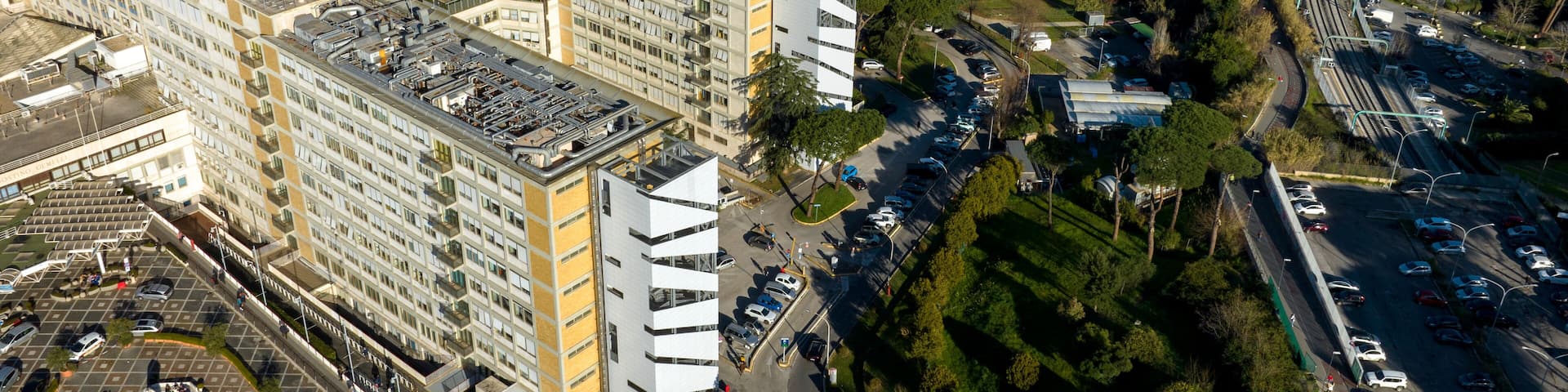Aerial view of the Gemelli University Hospital located in Rome, Italy. It is a large general hospital and serves as the teaching hospital for the medical school of the Cattolica University.