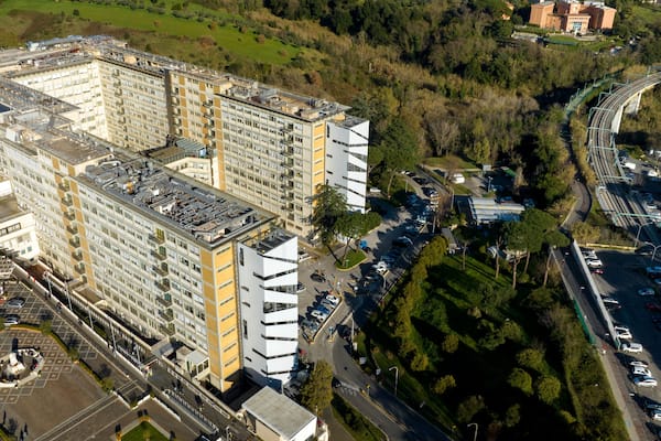 Aerial view of the Gemelli University Hospital located in Rome, Italy. It is a large general hospital and serves as the teaching hospital for the medical school of the Cattolica University.
