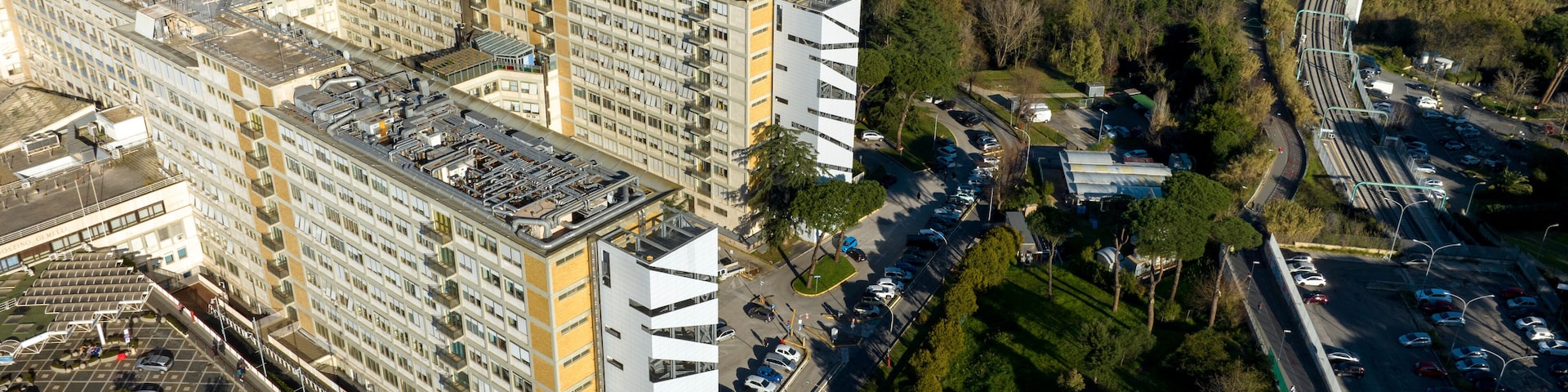 Aerial view of the Gemelli University Hospital located in Rome, Italy. It is a large general hospital and serves as the teaching hospital for the medical school of the Cattolica University.