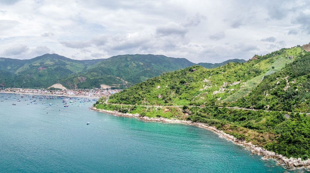 Aerial view of Dai Lanh beach, Van Ninh, Khanh Hoa. Situated at the south central coast of Vietnam,a two-kilometre bay with a fishing village at one end & a beach at the other