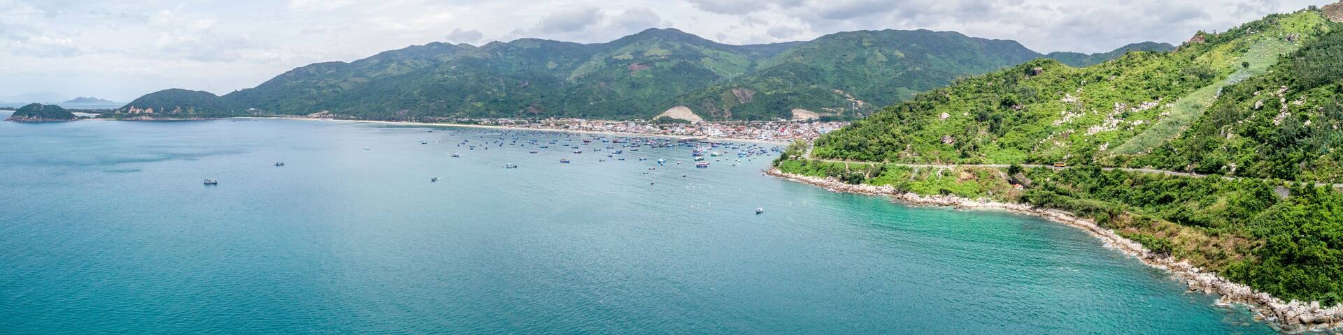 Aerial view of Dai Lanh beach, Van Ninh, Khanh Hoa. Situated at the south central coast of Vietnam,a two-kilometre bay with a fishing village at one end & a beach at the other