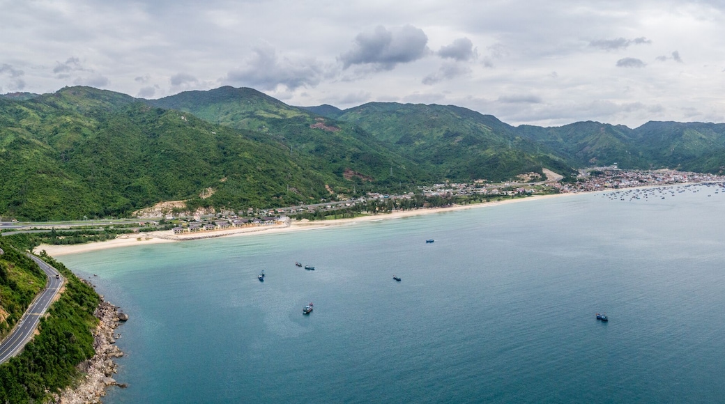 Panorama Aerial view of Dai Lanh beach, Van Ninh, Khanh Hoa. Situated at the south central coast of Vietnam,a two-kilometre bay with a fishing village at one end & a beach at the other