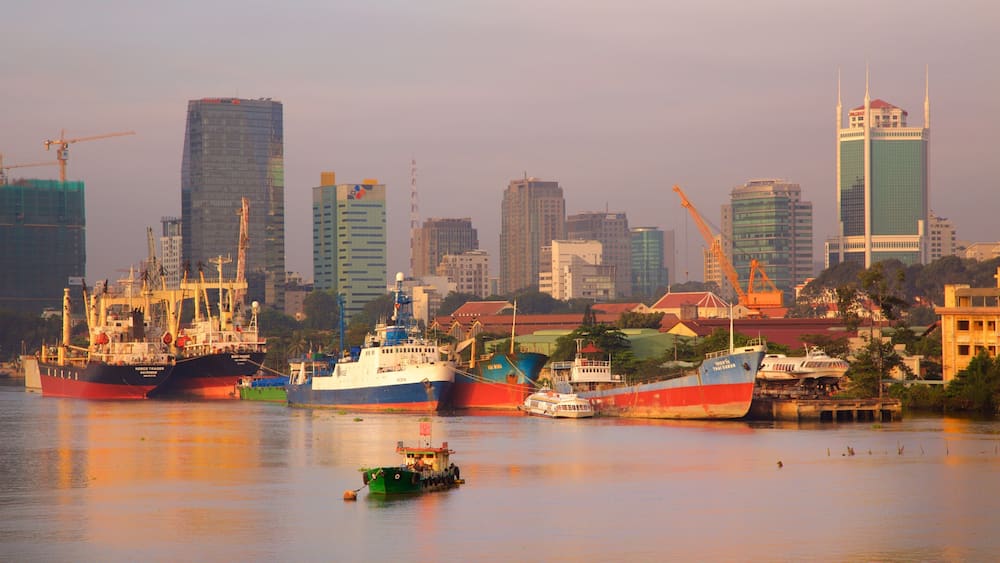 Saigon River showing a city, boating and a bay or harbor