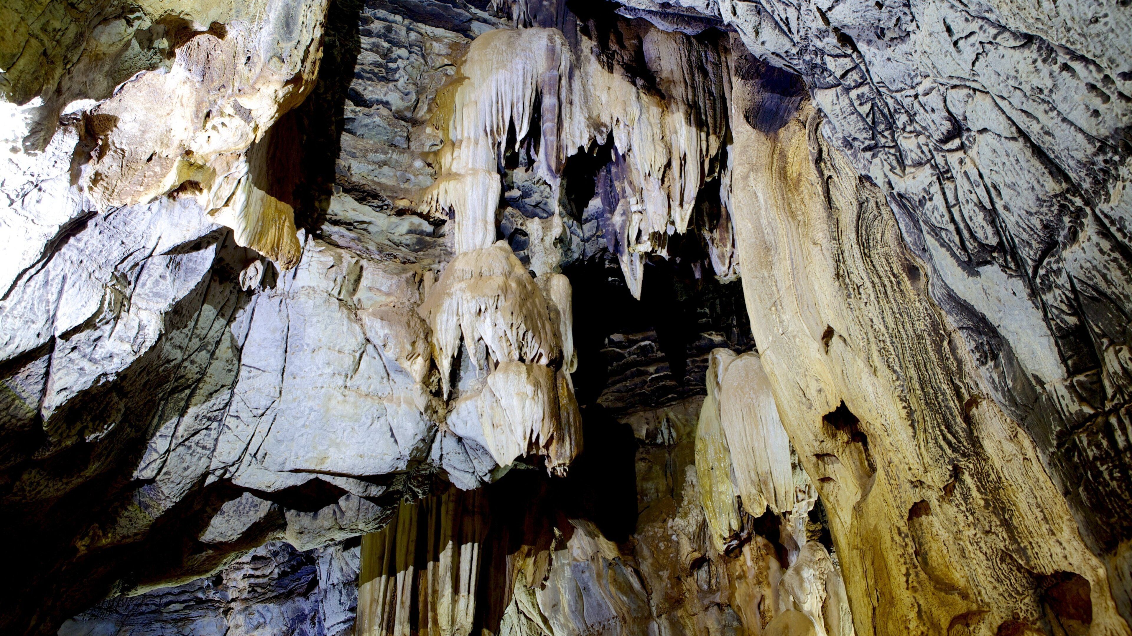 A cave with stalactites and stalagmites.