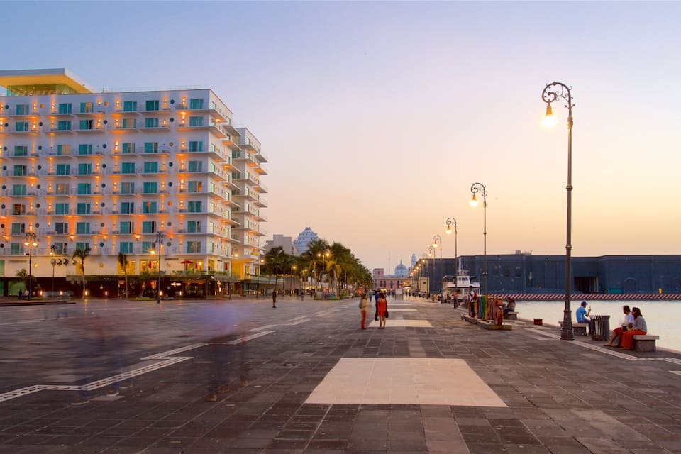 Un passeig marítim amb un hotel modern, palmeres i una calma extensió d'aigua.