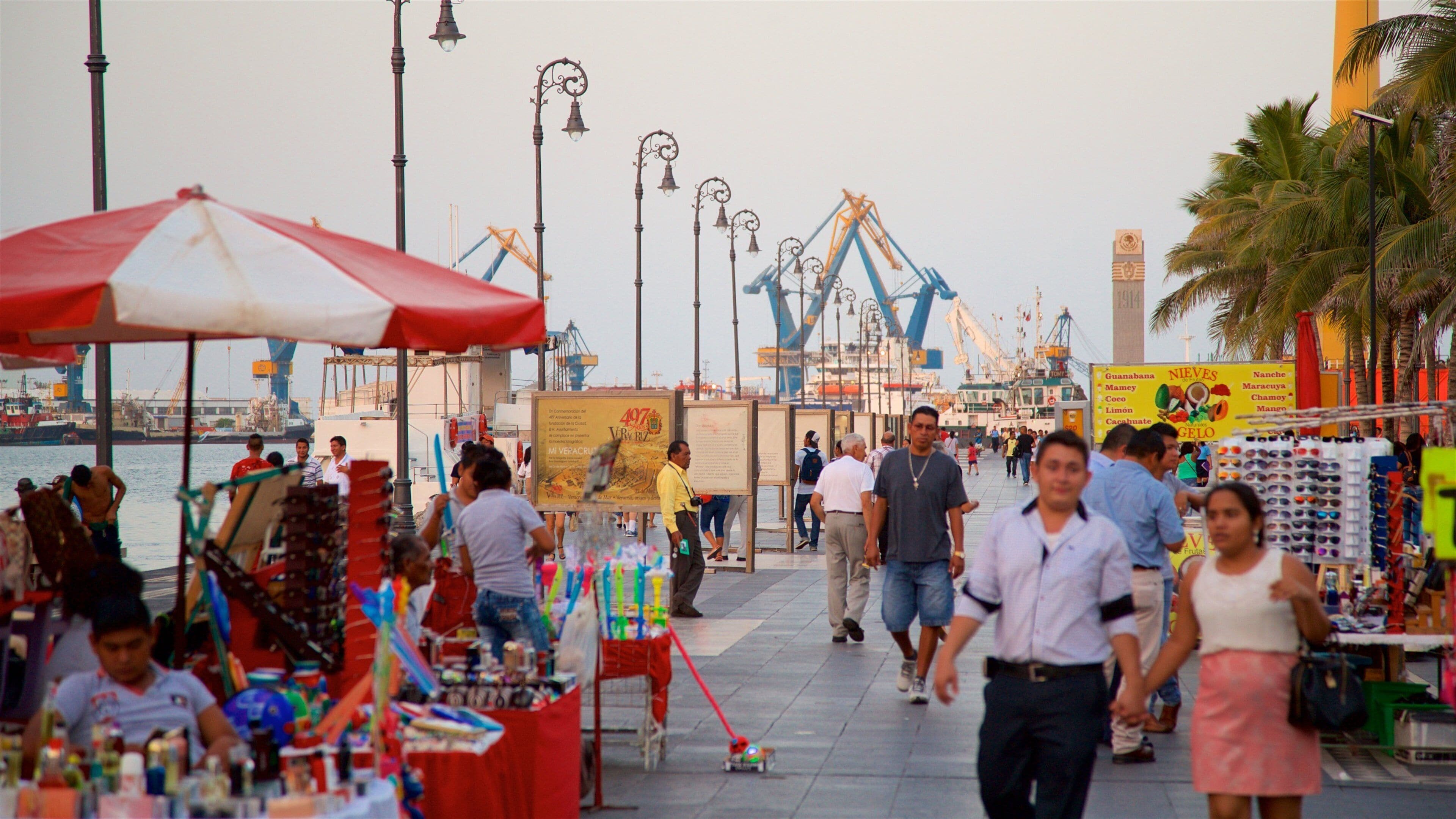 Veracruz Harbour featuring markets as well as a small group of people
