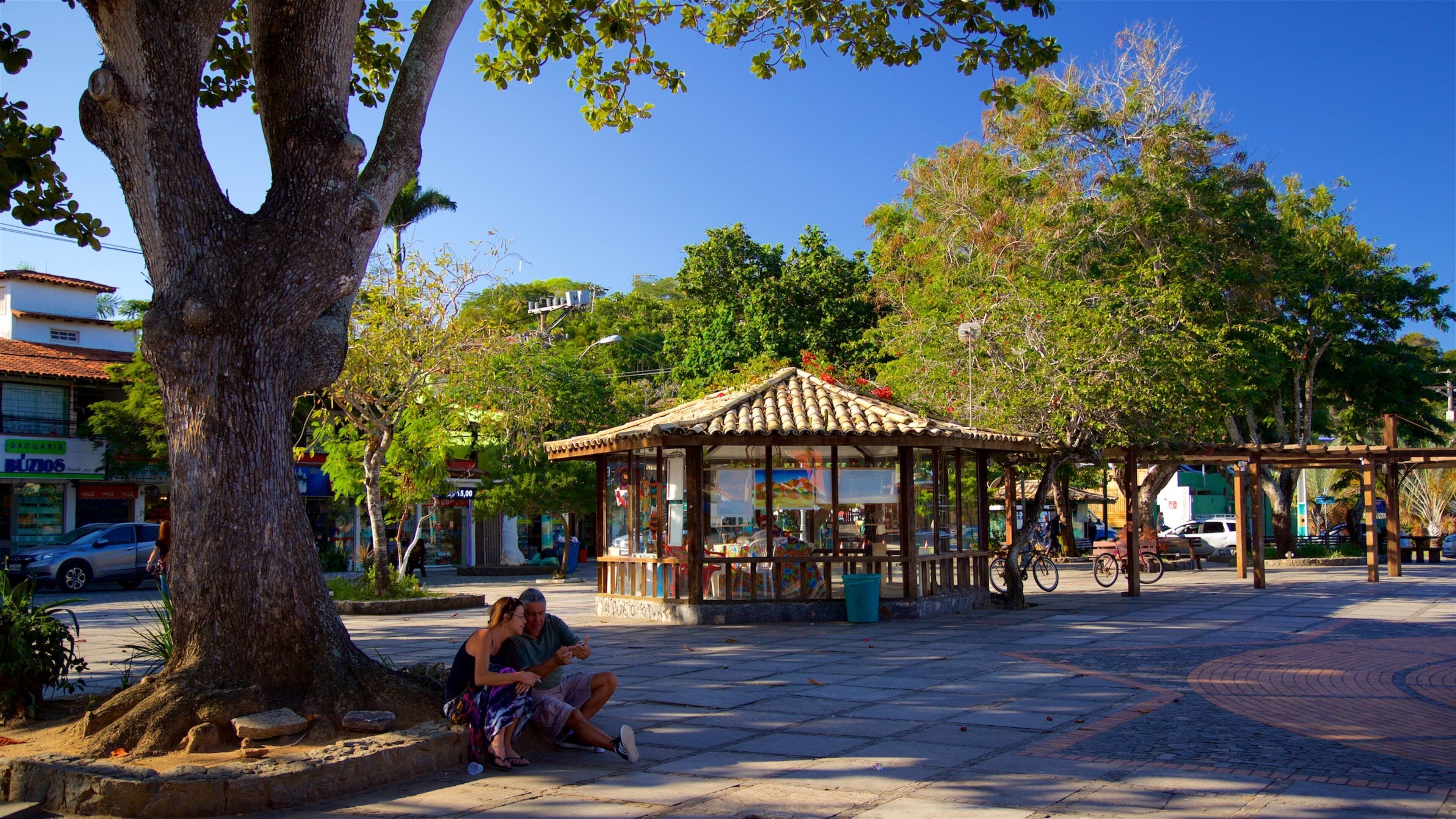 Plaza Santos Dumont mostrando una pequeña ciudad o aldea y también una pareja