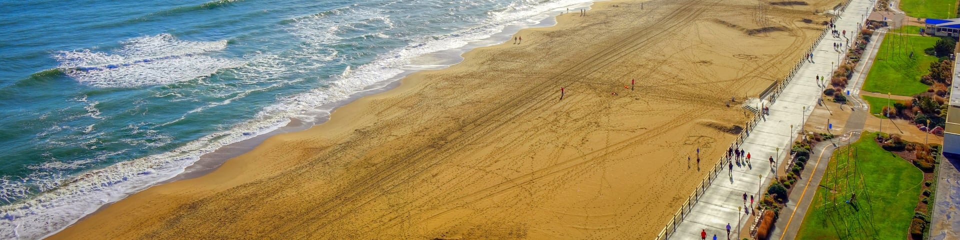 Virginia Beach Boardwalk | High aerial panoramic view | Virginia Beach, VA, USA.