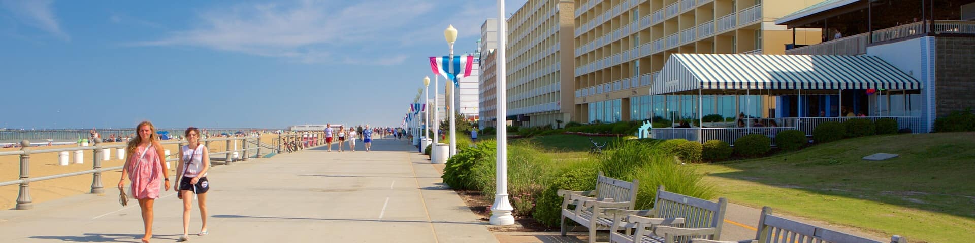 Virginia Beach Boardwalk which includes a hotel and general coastal views