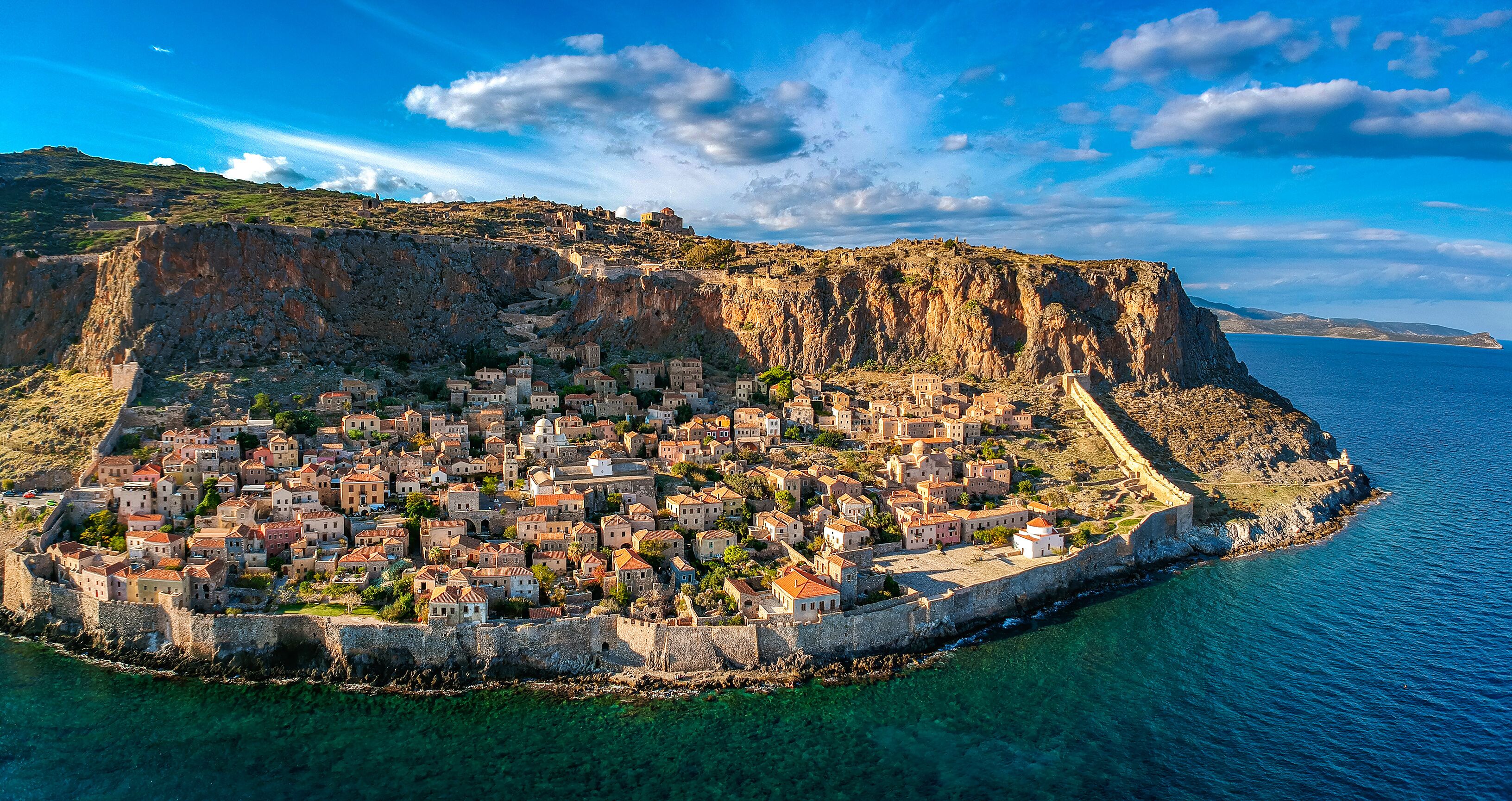 Aerial view of the old medieval castle town of Monemvasia in Lakonia of Peloponnese, Greece. Often called "The Greek Gibraltar"
