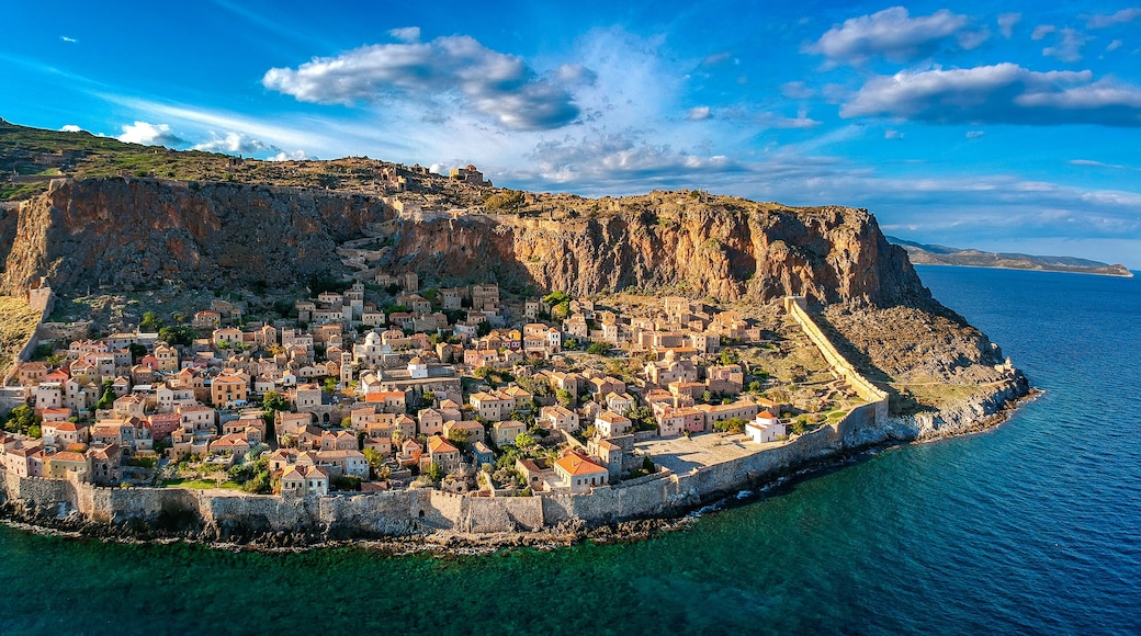 Aerial view of the old medieval castle town of Monemvasia in Lakonia of Peloponnese, Greece. Often called "The Greek Gibraltar"