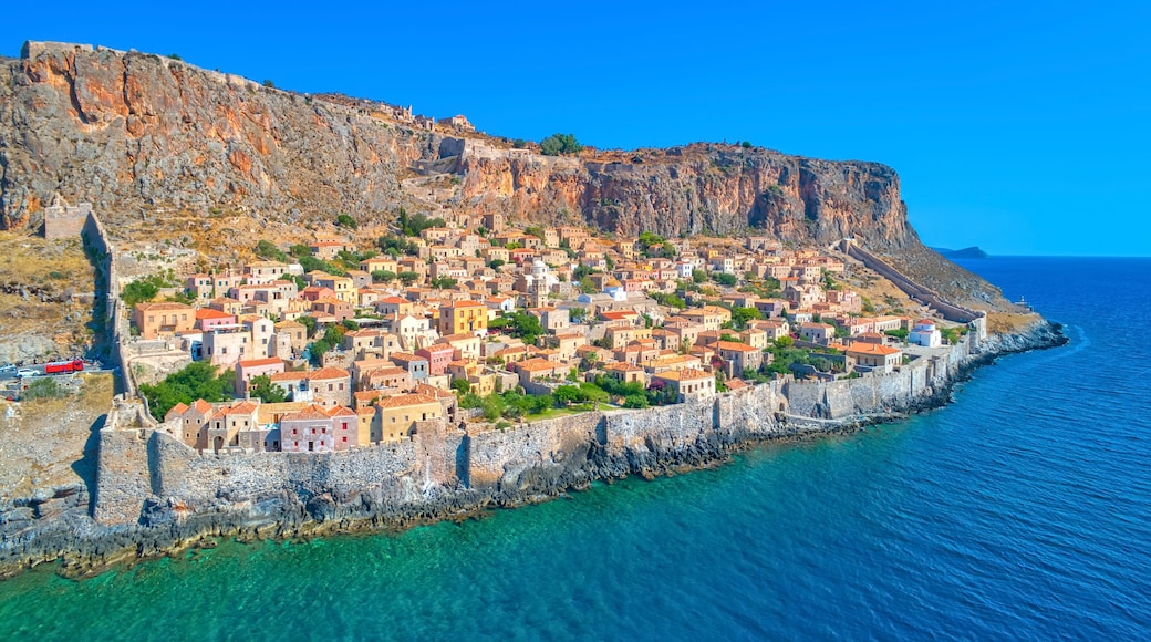 Aerial view of the old town of Monemvasia in Lakonia of Peloponnese, Greece.