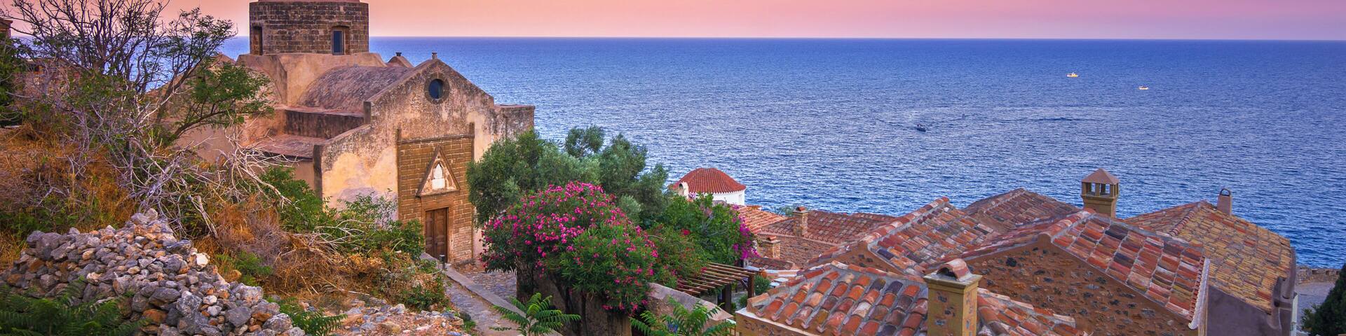 The medieval "castletown" of Monemvasia, often called "The Greek Gibraltar", Lakonia, Peloponnese, Greece