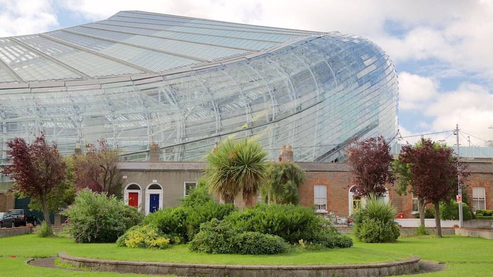 Aviva Stadium showing modern architecture, heritage architecture and a garden