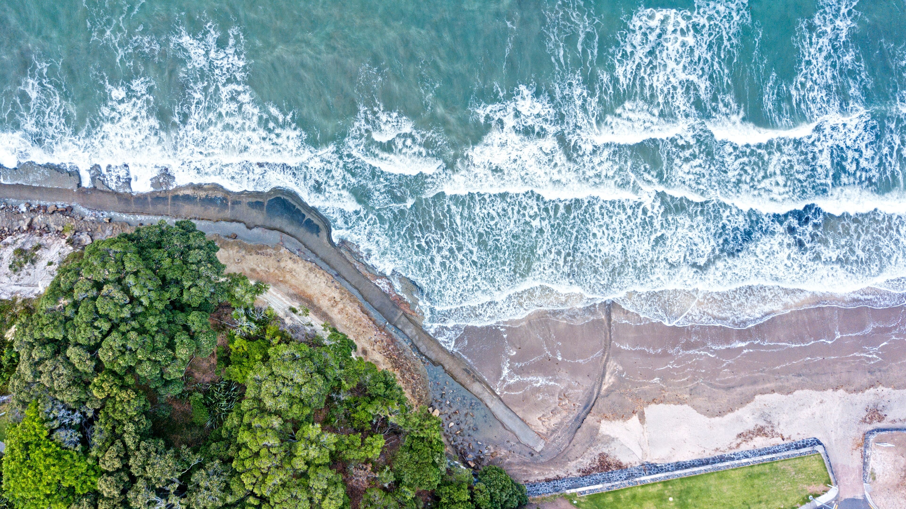 An aerial view of a coastal area with waves crashing onto the shore, a dense green forest, and a sandy beach.
