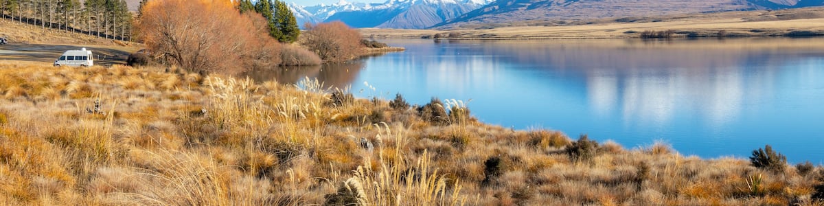 A lake with mountains in the background, a white van parked by the roadside, and dry grass in the foreground.