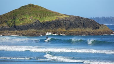 Long Beach which includes surf, general coastal views and rocky coastline