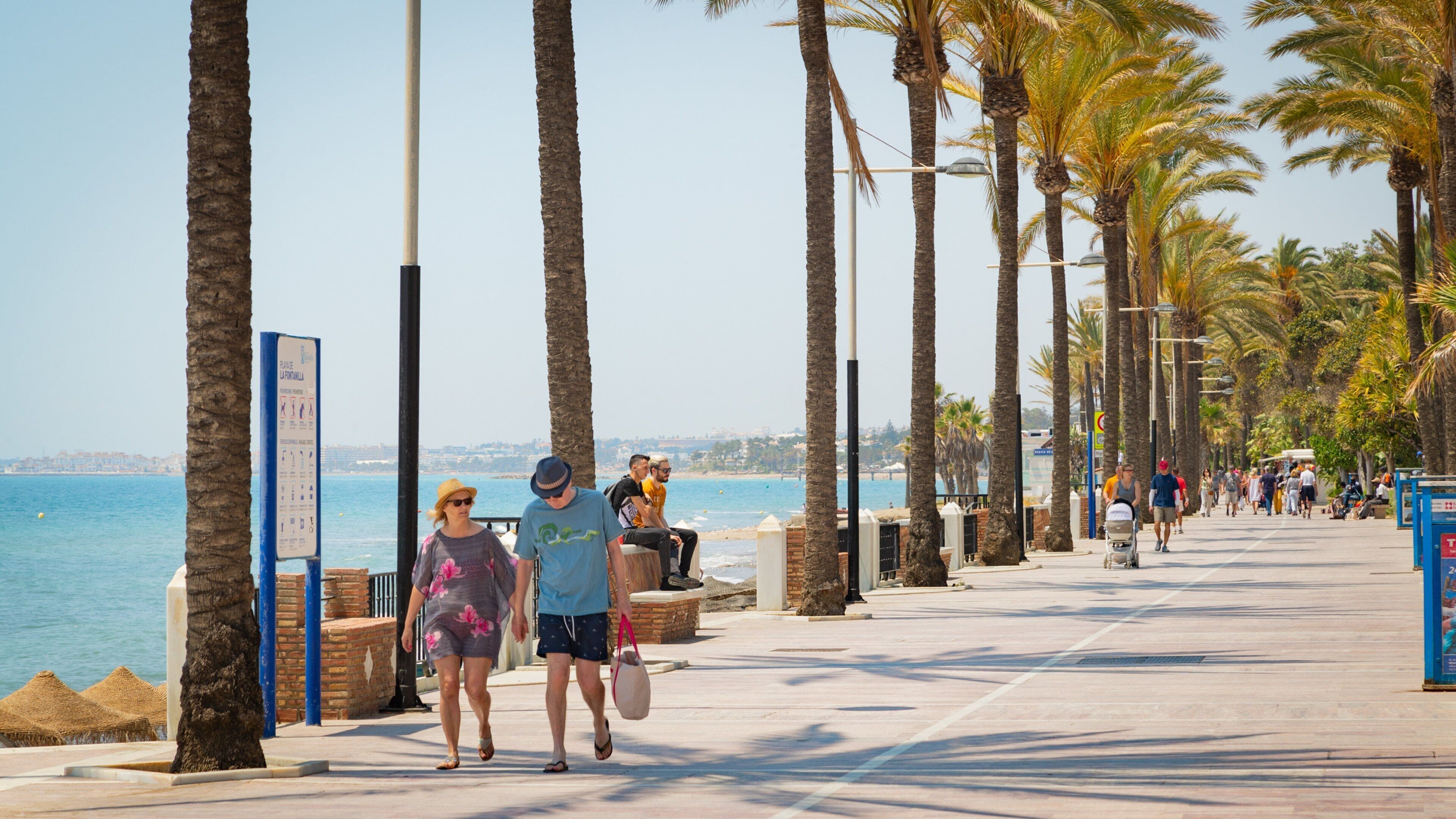 Marbella Seafront Promenade featuring general coastal views and a coastal town as well as a couple