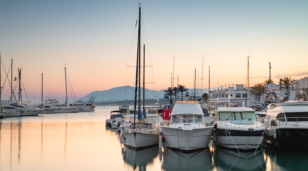 Marbella Marina showing a bay or harbor and a sunset