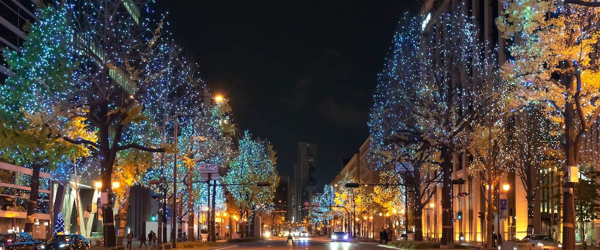 Festival of the Lights in Osaka. The winter illumination events, Midosuji Illumination and Hikari Renaissance. popular tourist attraction, travel destination for vacation