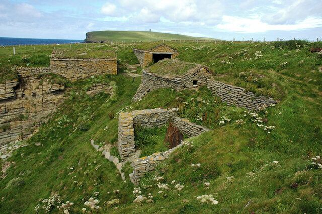 Fishermen's Huts at Sand Geo, Marwick The Marwick fishermen started using Sand Geo in 1896 after a tramp steamer beached at their usual landing place to the north. The three huts were built between 1898 and 1913. The winch used for hauling up the boats is said to come from the wreck of the steamer. The huts were restored in 1984 by the Scottish Conservation Projects Trust in association with the Orkney Islands Council.