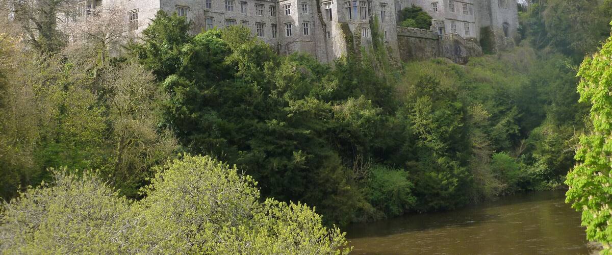 A large castle surrounded by dense greenery and a river.