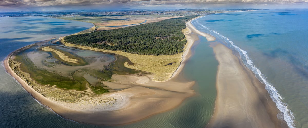 An aerial view of a coastal landscape with a sandy beach, a forested island, and a clear blue sky.