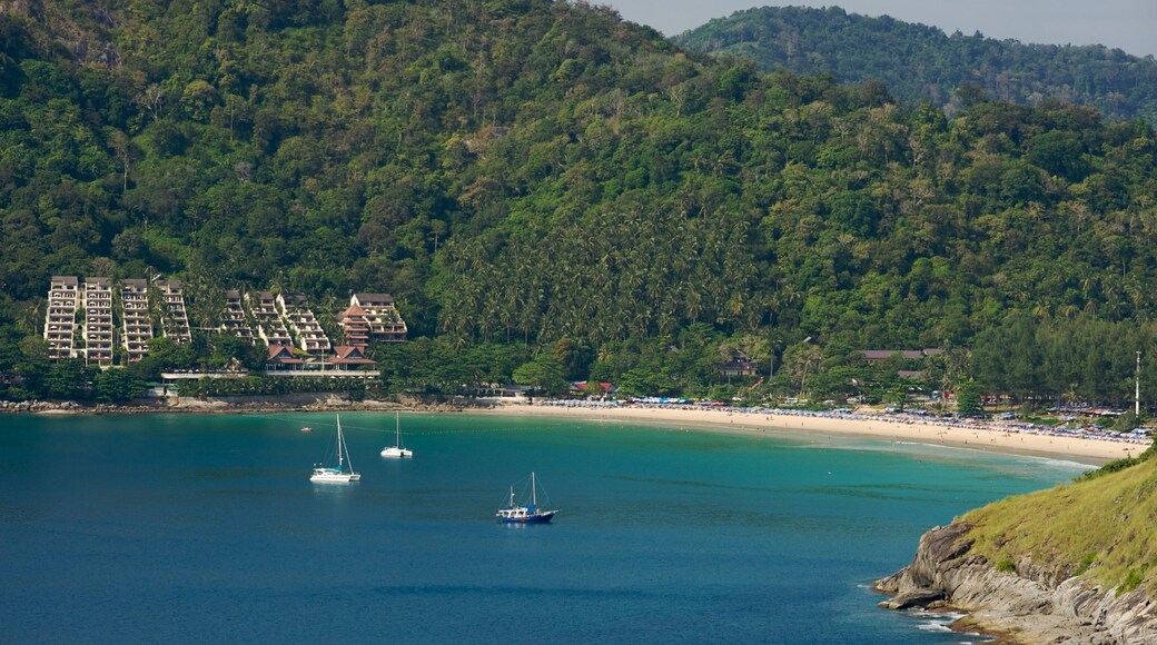 Nai Harn Beach showing landscape views, a bay or harbour and a coastal town