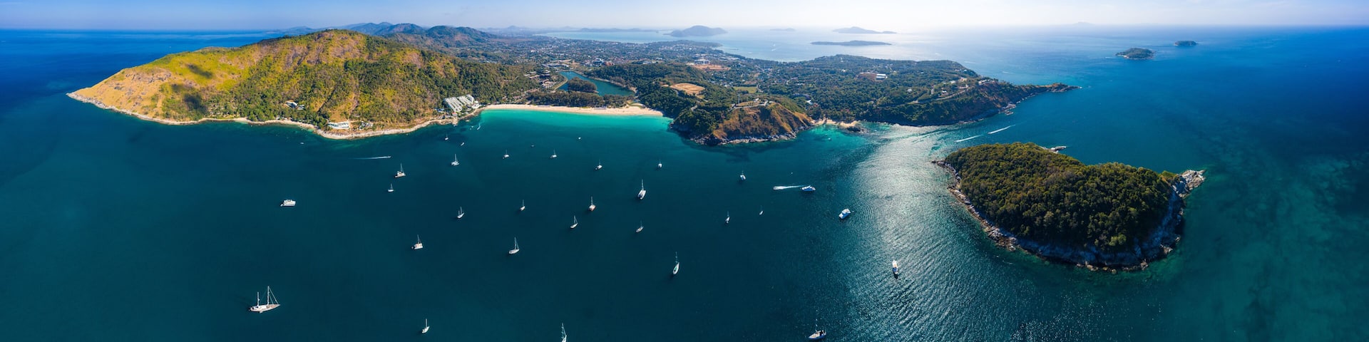 Aerial panorama of Phuket island. Nai Harn beach, Ya Nui beach and Southern tip are in the frame