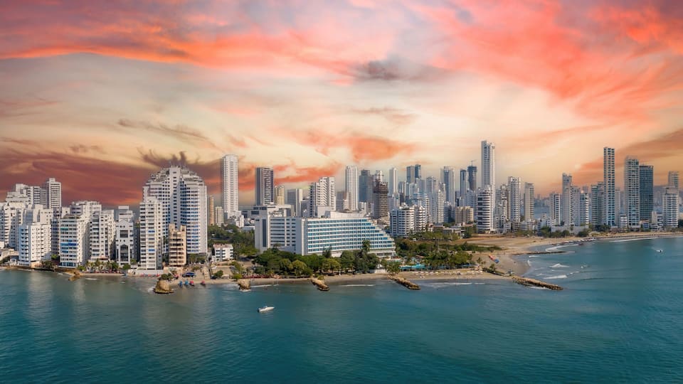 The modern skyscrapers in the Cartagena Colombia Bocagrande district panorama aerial epic sky view