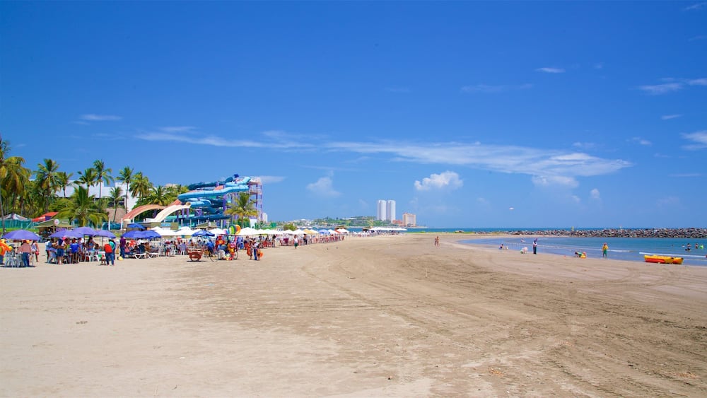 Mocambo Beach which includes a sandy beach as well as a large group of people