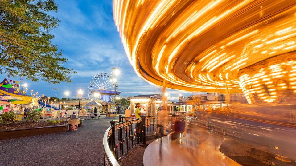 Jolly Roger Amusement Park which includes night scenes and rides