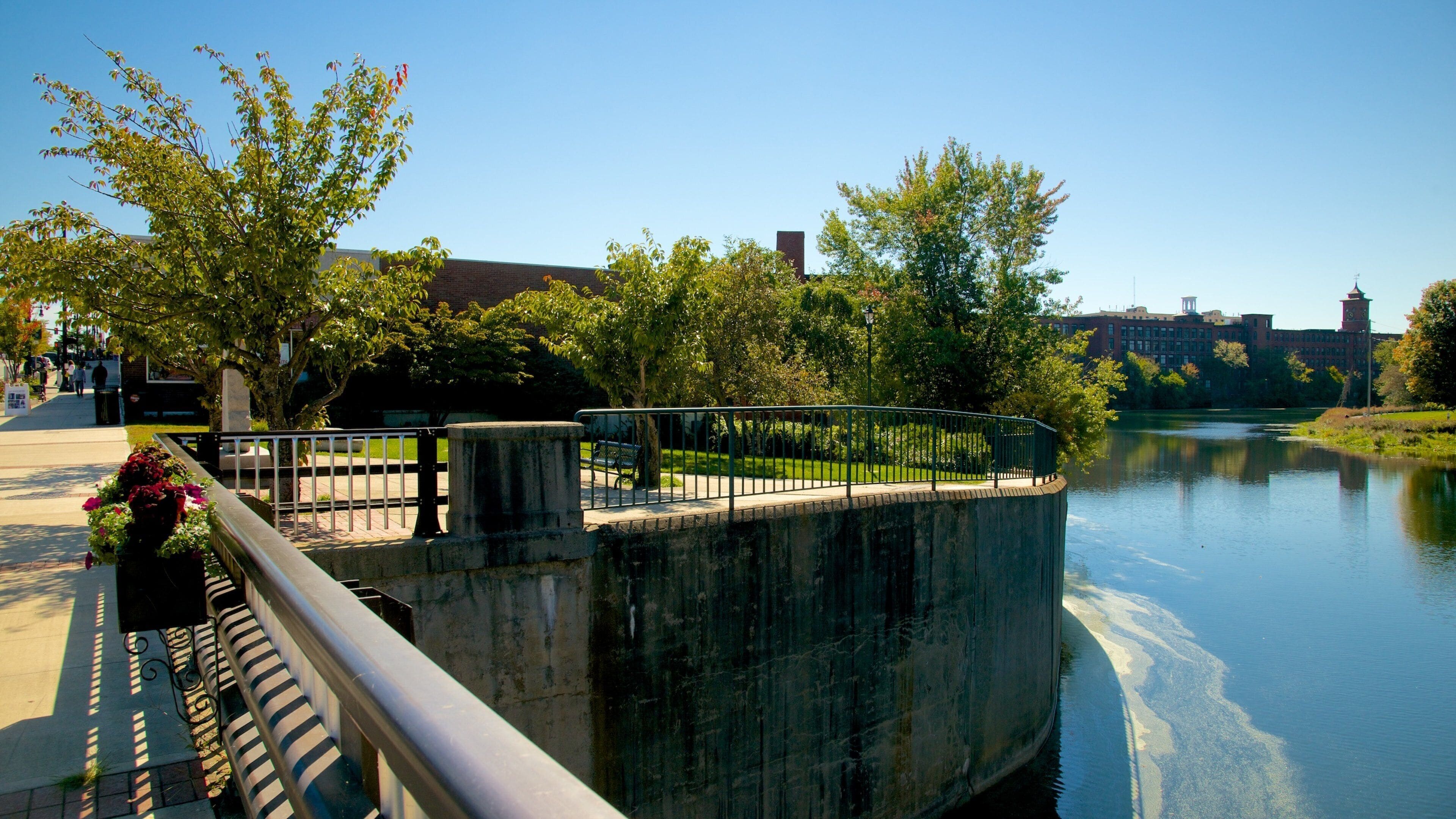 A riverside walkway with a concrete barrier, benches, and flowering plants.